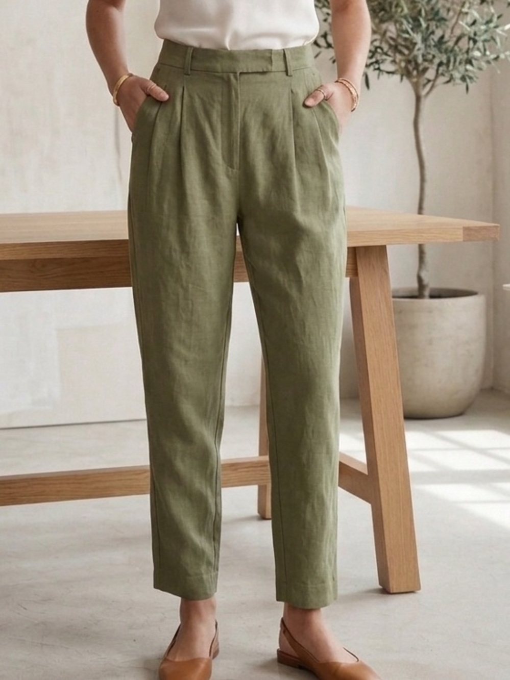 Vintage Olive Green High-Waist Long Linen Tapered Newsboy Pants Trousers Medium